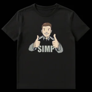 Cartoon man giving thumbs up with 'SIMP' text t-shirt, representing internet culture and ironic humor on Black t-shirt