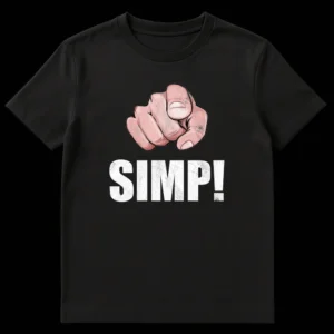 Black t-shirt with grunge style pointing hand graphic and bold distressed text 'SIMP!' on Black t-shirt