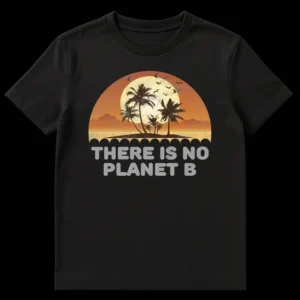 THERE IS NO PLANET B t-shirt with retro tropical sunset, palm trees, and distressed text for environmental advocacy on Black t-shirt