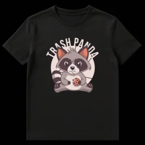 Cute cartoon raccoon t-shirt with 'TRASH PANDA' text and a raccoon holding a cookie on Black t-shirt