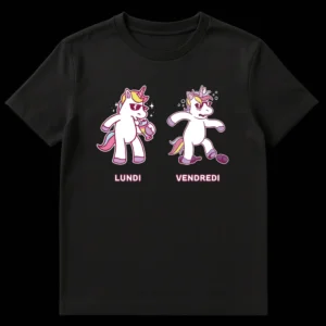 Lundi Vendredi Unicorn T-Shirt with energetic Monday unicorn and tired Friday unicorn with French text on Black t-shirt