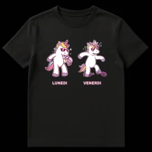 Funny black t-shirt featuring two cartoon unicorns, one energetic for Monday (LUNEDI) and one tired for Friday (VENERDI), with Italian text. on Black t-shirt