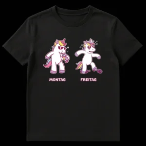 Montag Freitag Unicorn T-Shirt showing energetic Monday unicorn and exhausted Friday unicorn with German text on Black t-shirt