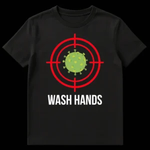 Black t-shirt with a green virus graphic in a red target and white 'WASH HANDS' text below. on Black t-shirt