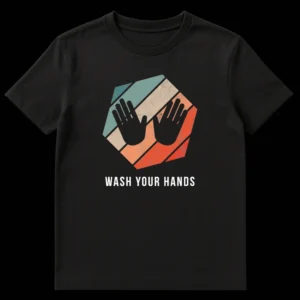Black t-shirt with 'WASH YOUR HANDS' text, black hand silhouettes, and a distressed retro-minimalist striped hexagon graphic in teal, cream, and orange colors. on Black t-shirt