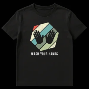 Distressed retro Wash Your Hands t-shirt with black hand silhouettes and earthy geometric stripes. on Black t-shirt