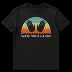 Retro 'Wash Your Hands' t-shirt with distressed hand silhouette and vintage sunset colors in teal, yellow, taupe, and orange. on Black t-shirt