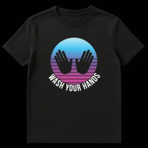Synthwave 'WASH YOUR HANDS' t-shirt with 80s gradient sunset and black hand silhouettes on Black t-shirt