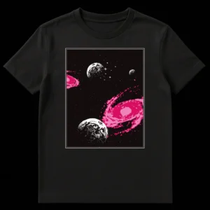 T-shirt with detailed white planets and vibrant hot pink nebulae on a black background, framed by a white double border, showcasing a retro-futuristic space design. on Black t-shirt