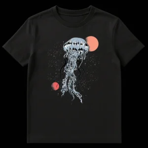 Cosmic Jellyfish T-shirt design featuring a stylized blue-gray jellyfish in deep space with pink celestial bodies and stars. on Black t-shirt