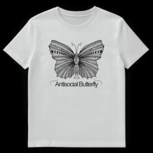 Antisocial Butterfly t-shirt with detailed black and white Zentangle art of a butterfly on White t-shirt