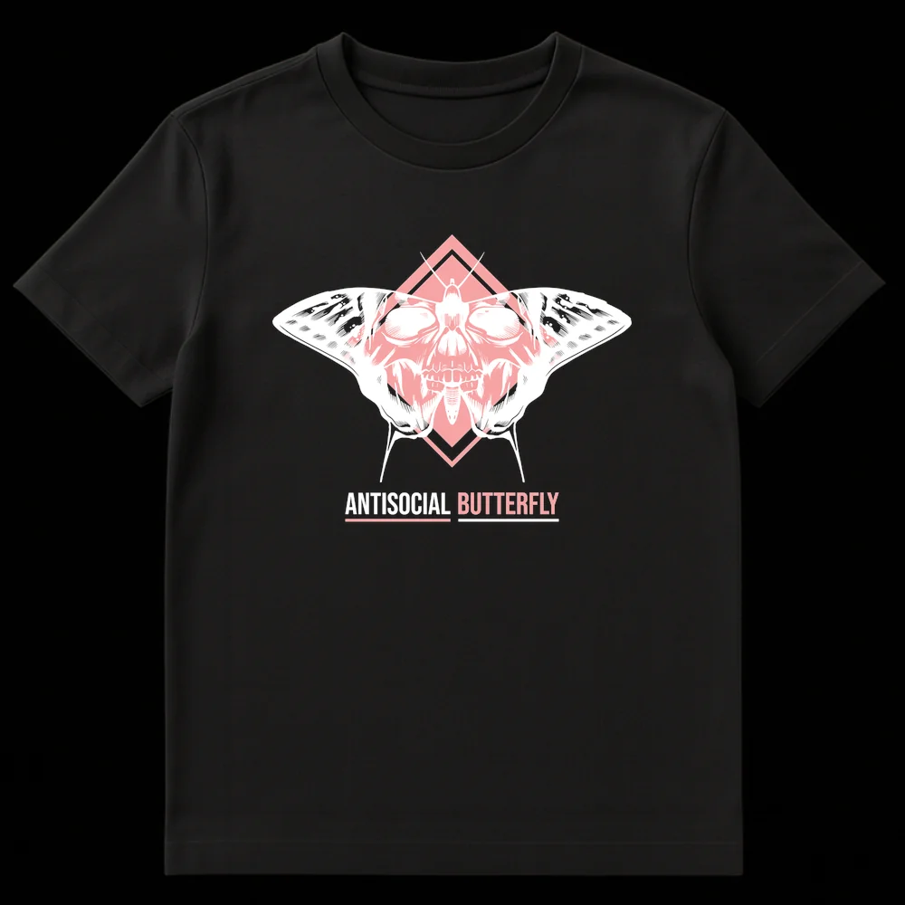 Antisocial Butterfly T-Shirt with skull moth design and pink details, ideal for introverts and alternative fashion on Black t-shirt