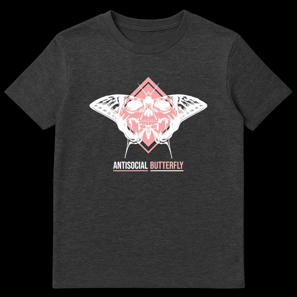 Antisocial Butterfly T-Shirt with skull moth design and pink details, ideal for introverts and alternative fashion on Dark Heather t-shirt