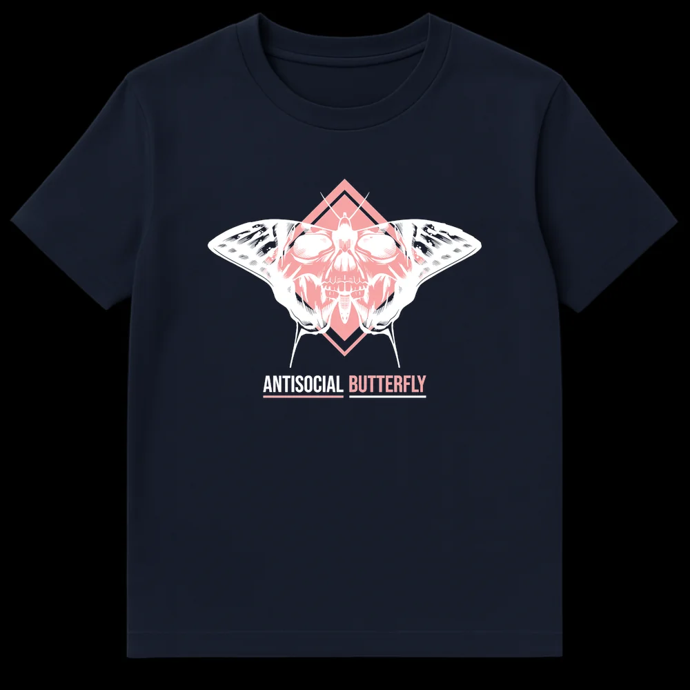 Antisocial Butterfly T-Shirt with skull moth design and pink details, ideal for introverts and alternative fashion on Navy Blue t-shirt