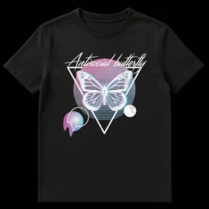 Antisocial Butterfly T-Shirt with Vaporwave Glitch Art, Pink-Blue Gradient, and Distressed Texture on Black t-shirt