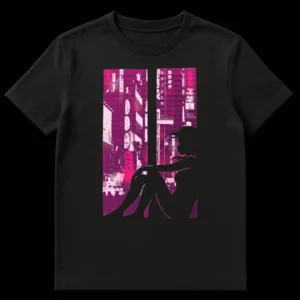 Female silhouette gazing at a cyberpunk neon Tokyo cityscape with Japanese text on a black t-shirt. on Black t-shirt