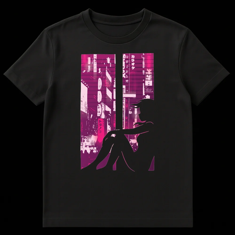 Female silhouette gazing at a cyberpunk neon Tokyo cityscape with Japanese text on a black t-shirt. on Black t-shirt