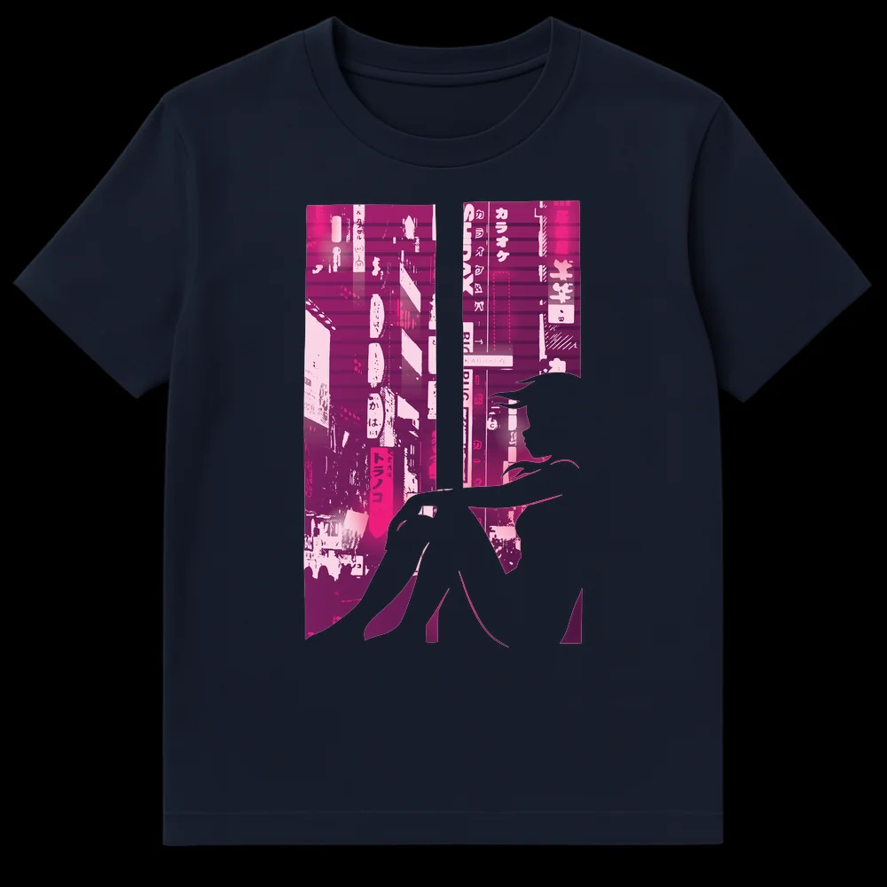 Female silhouette gazing at a cyberpunk neon Tokyo cityscape with Japanese text on a black t-shirt. on Navy Blue t-shirt