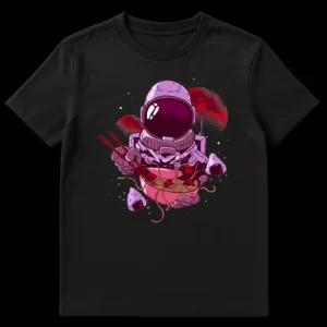 Vibrant cartoon illustration of an astronaut eating ramen with chopsticks in space, surrounded by planets and stars. on Black t-shirt