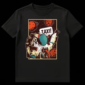Astronaut in a space suit hailing a taxi in outer space with 'TAXI!' in a speech bubble, planets, and stars on Black t-shirt
