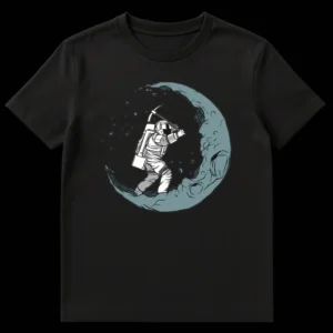 Astronaut mining crescent moon with a pickaxe, space debris flying, white, gray, and blue-gray colors on black background on Black t-shirt