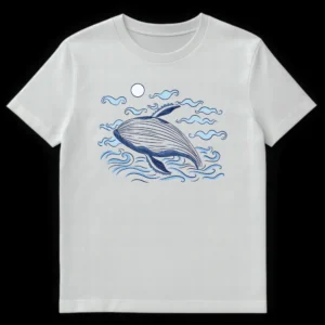 Minimalist stylized whale breaching in ocean waves and clouds t-shirt design in navy and light blue on white on White t-shirt