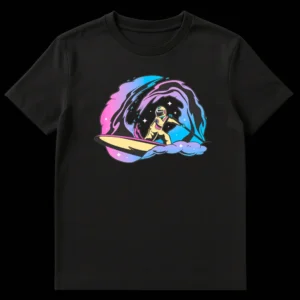 Astronaut paddleboarding on a vibrant cosmic wave in space with a vaporwave aesthetic on Black t-shirt