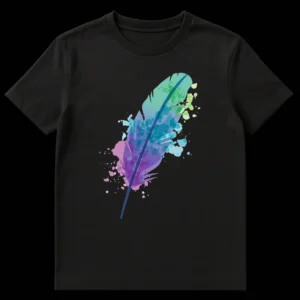 Watercolor Feather Design T-Shirt with vibrant mint, teal, purple, and blue gradient art on a black background, featuring abstract splatters. on Black t-shirt