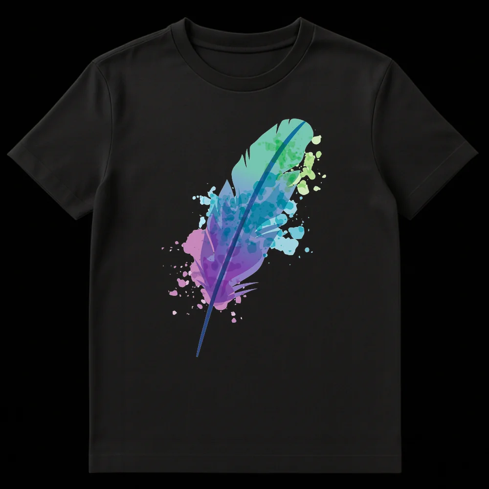 Watercolor Feather Design T-Shirt with vibrant mint, teal, purple, and blue gradient art on a black background, featuring abstract splatters. on Black t-shirt