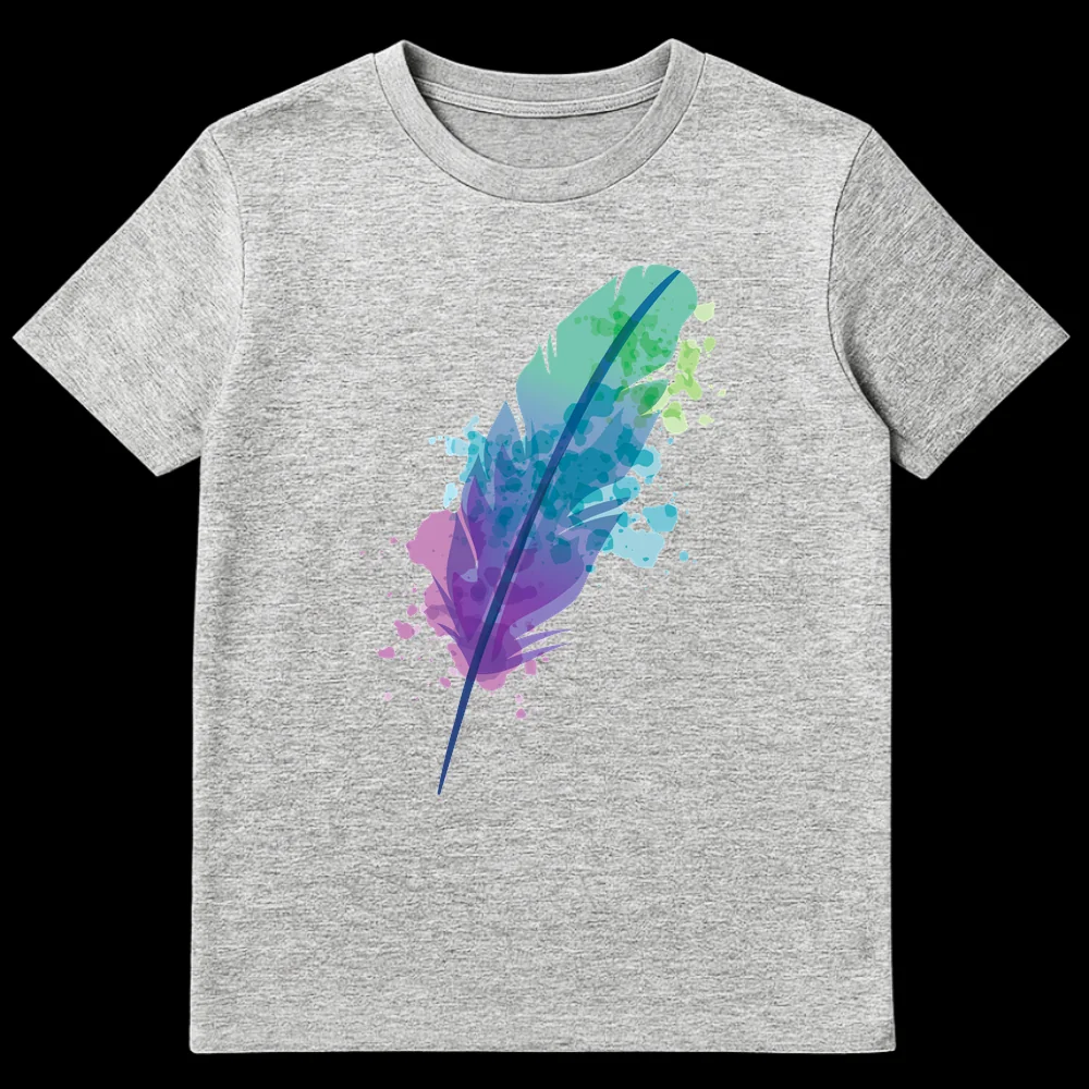Watercolor Feather Design T-Shirt with vibrant mint, teal, purple, and blue gradient art on a black background, featuring abstract splatters. on Sports Grey t-shirt