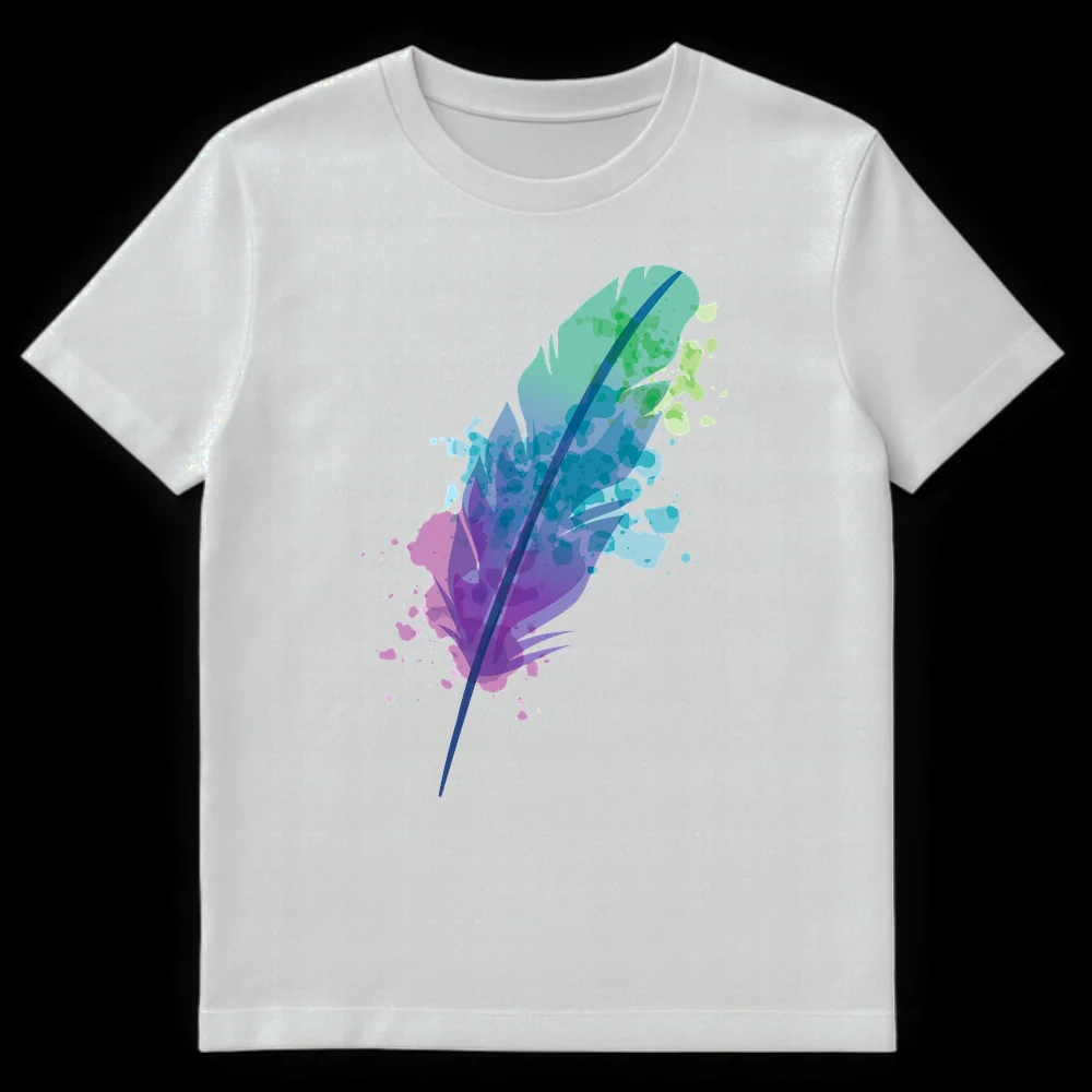 Watercolor Feather Design T-Shirt with vibrant mint, teal, purple, and blue gradient art on a black background, featuring abstract splatters. on White t-shirt