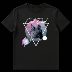 Cat Dad t-shirt with Retro 80s Vaporwave aesthetic, neon pink and blue gradient cat head, geometric shapes, and scan lines on Black t-shirt