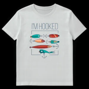 I'm Hooked Fishing T-Shirt with six colorful fishing lures and hooks in a flat vector style on White t-shirt