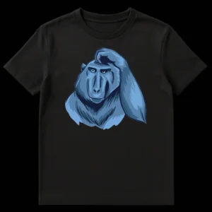 Stylized blue monochromatic illustration of a thinking primate in Rodin's Thinker pose on a black t-shirt. on Black t-shirt