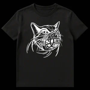 Black and white t-shirt design showing a serious cat's head with a basketball hoop for a muzzle and a basketball inside, creating a 'cat-ball' pun. on Black t-shirt