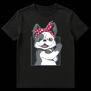 Cartoon Boston Terrier or French Bulldog in Rosie the Riveter pose, flexing arm with a red polka dot bandana. The dog has a confident grin and is framed in a dark grey square. on Black t-shirt