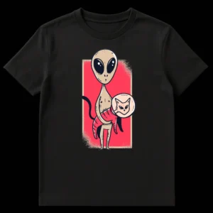 Whimsical t-shirt design showing a tall grey alien affectionately cradling a cat dressed in an astronaut suit with a helmet, set against a distressed red background. The style is quirky, neo-traditional tattoo art. on Black t-shirt
