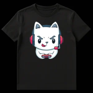 White cartoon cat wearing gaming headset and holding controller with mischievous expression and tongue out, on a black background on Black t-shirt