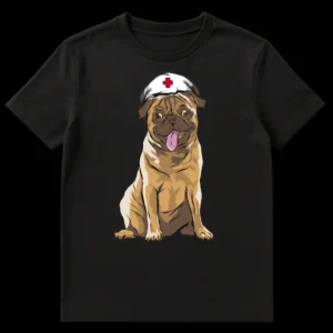 Cartoon fawn pug wearing a white nurse cap with a red cross, smiling with its tongue out, on a black background on Black t-shirt