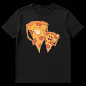 Two happy cartoon pepperoni pizza slices embracing on a black t-shirt, conveying 'Pizza My Heart' theme. on Black t-shirt