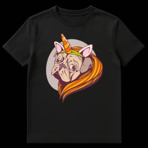 Cartoon illustration of a light beige pug with a striped orange unicorn horn and a flowing orange and yellow mane, against a light taupe circle on a black t-shirt. on Black t-shirt