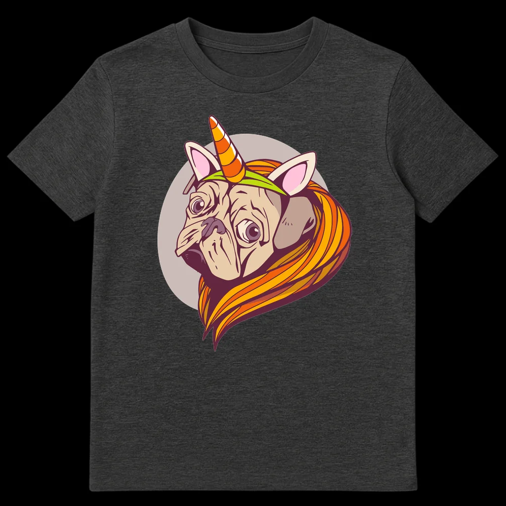 Cartoon illustration of a light beige pug with a striped orange unicorn horn and a flowing orange and yellow mane, against a light taupe circle on a black t-shirt. on Dark Heather t-shirt