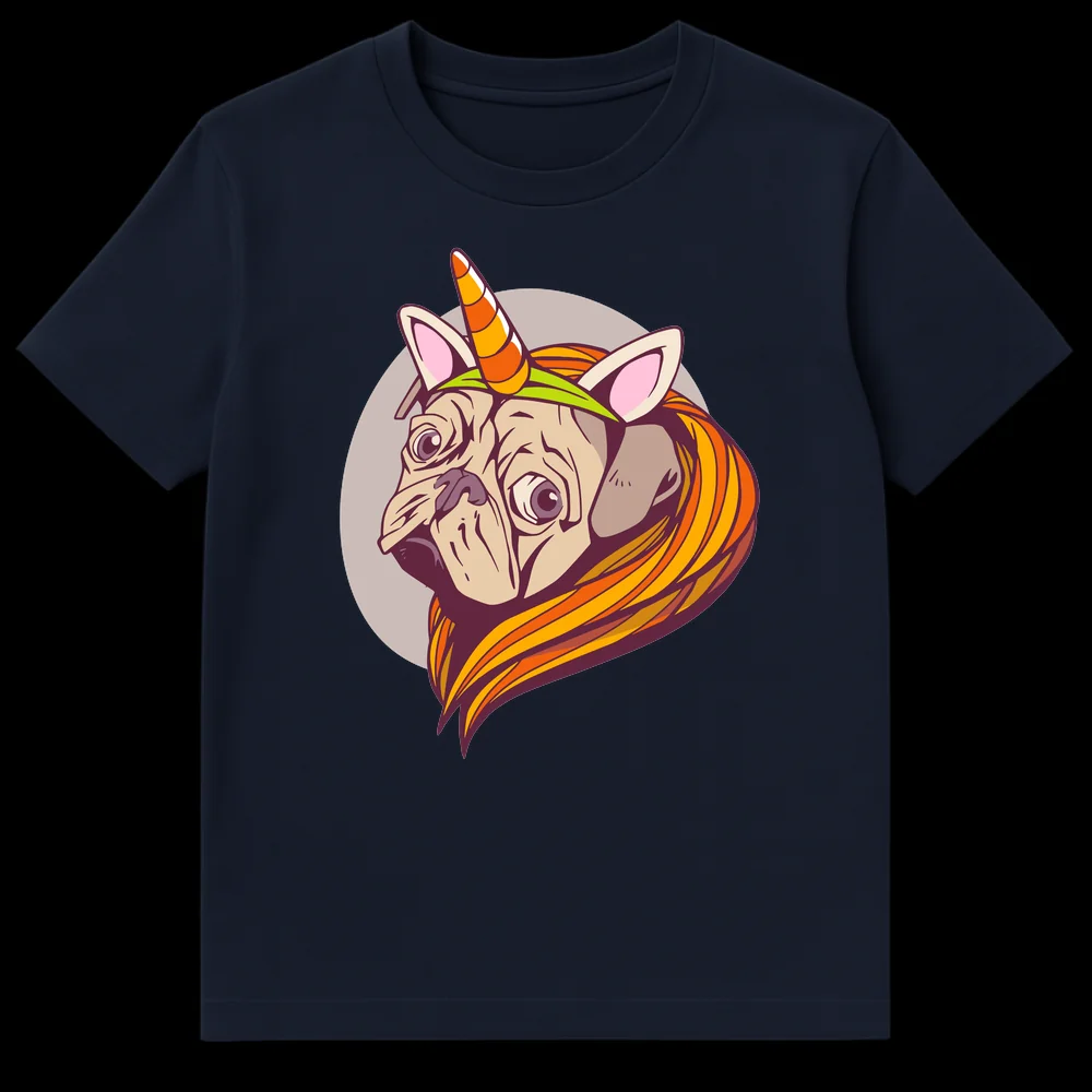 Cartoon illustration of a light beige pug with a striped orange unicorn horn and a flowing orange and yellow mane, against a light taupe circle on a black t-shirt. on Navy Blue t-shirt