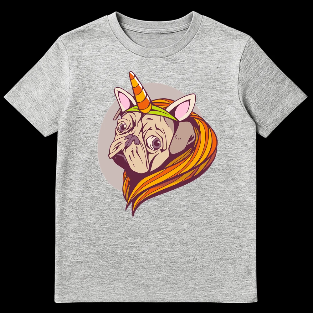 Cartoon illustration of a light beige pug with a striped orange unicorn horn and a flowing orange and yellow mane, against a light taupe circle on a black t-shirt. on Sports Grey t-shirt