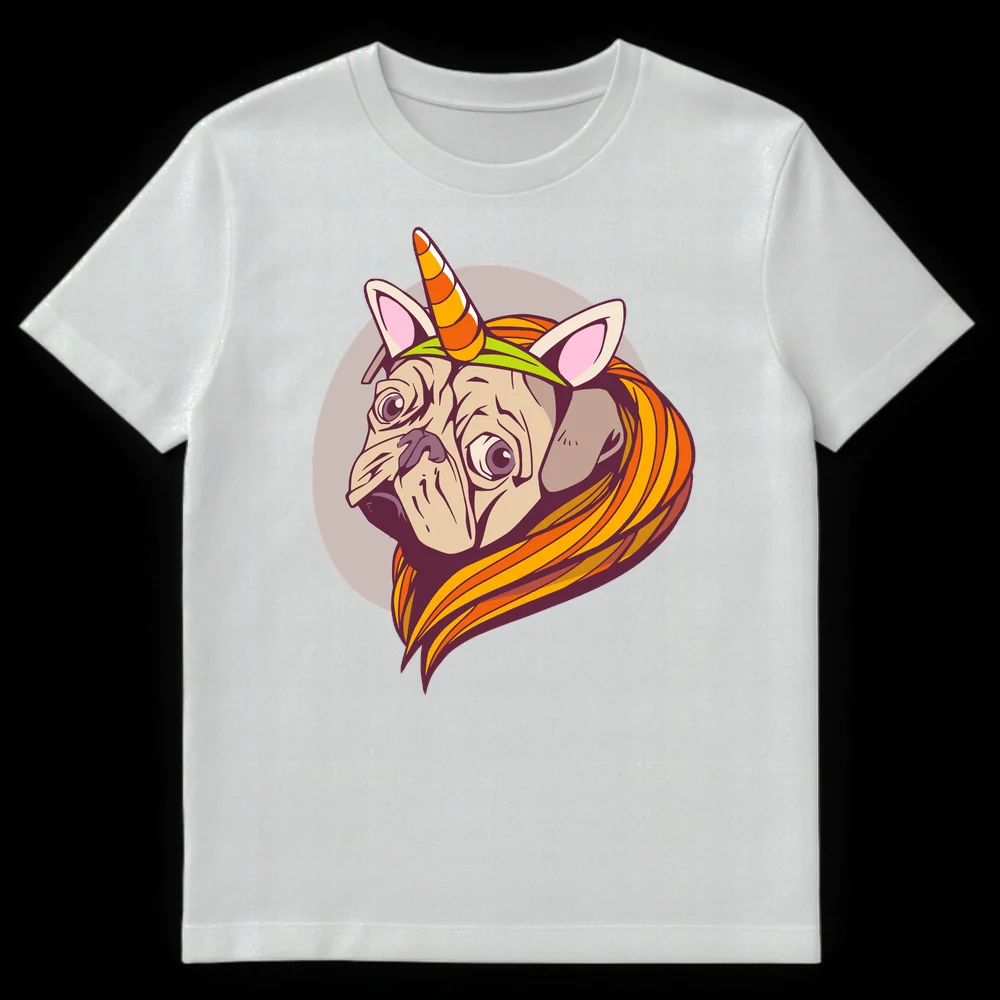Cartoon illustration of a light beige pug with a striped orange unicorn horn and a flowing orange and yellow mane, against a light taupe circle on a black t-shirt. on White t-shirt