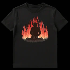 DJ silhouette with headphones mixing on turntables, engulfed in red and orange flames against a black background, representing 'music is fire' or 'dropping a lit beat'. on Black t-shirt