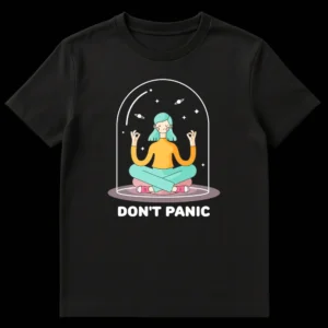 T-shirt with 'DON'T PANIC' text and a meditating figure in a cosmic dome with stars and planets. on Black t-shirt