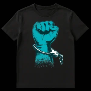 Distressed graphic of a raised fist breaking a handcuff in teal and black, symbolizing freedom and social justice on Black t-shirt