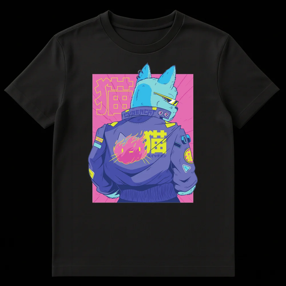 Neon Cybercat T-Shirt with electric blue cat, pink flames, and Japanese text '貓' and 'スイッチオン' in a synthwave style. on Black t-shirt