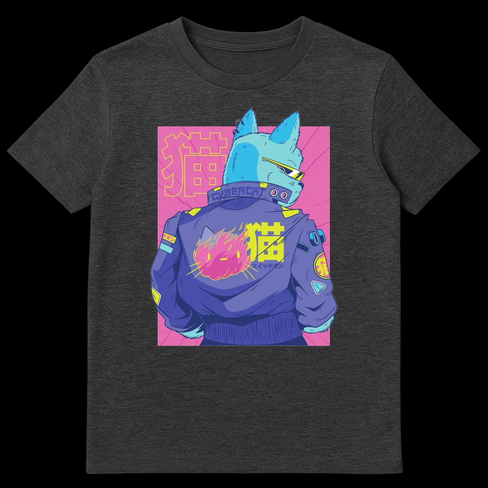 Neon Cybercat T-Shirt with electric blue cat, pink flames, and Japanese text '貓' and 'スイッチオン' in a synthwave style. on Dark Heather t-shirt